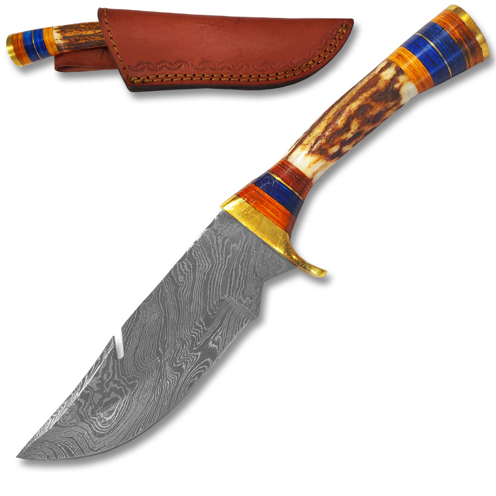 Custom Stag Curved Handle with Frost Wood & Brass Spacer Damascus Hunting Knife