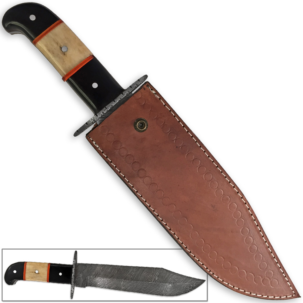 White Deer Hulking Damascus Bowie Knife Handmade w Guard XXL Grip