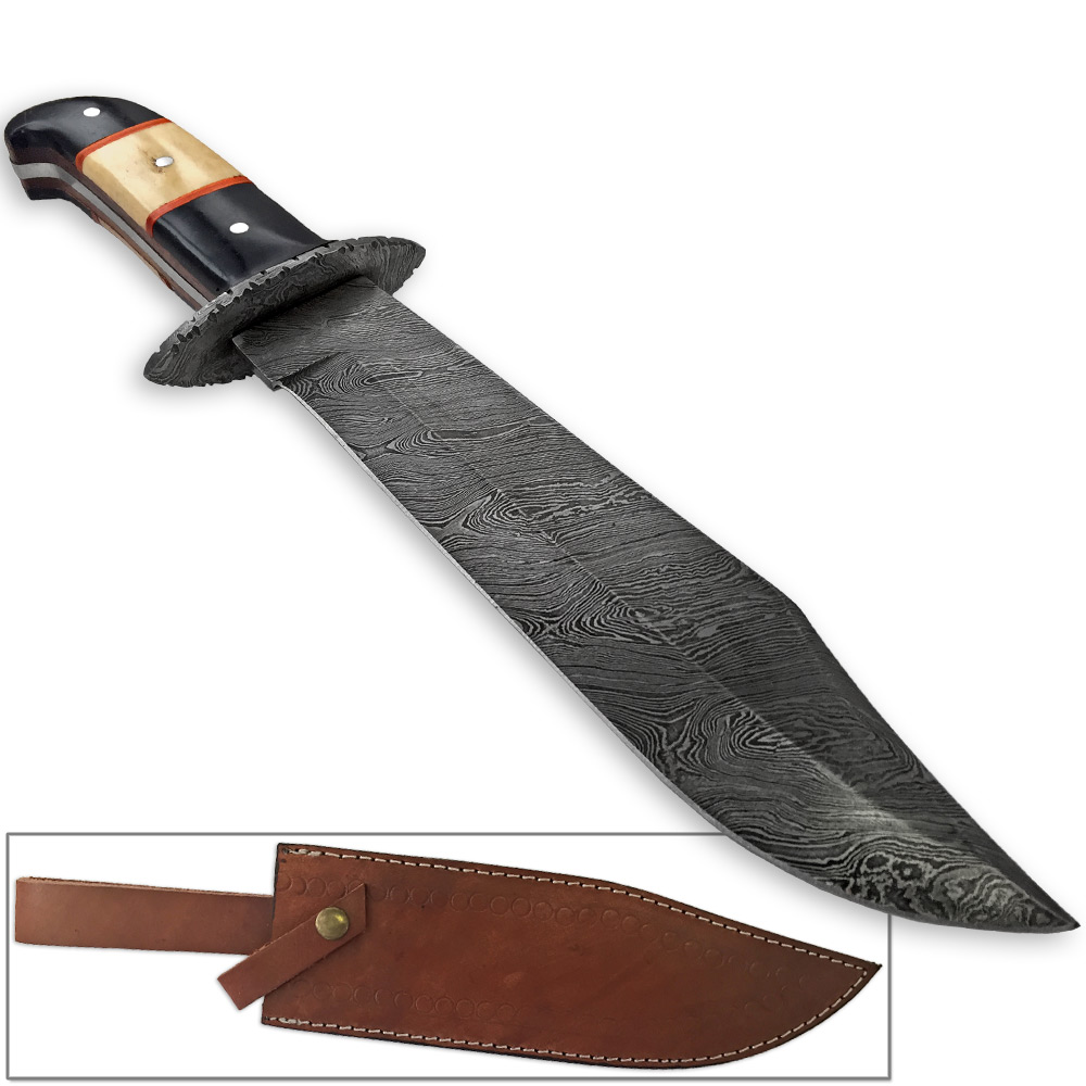 White Deer Hulking Damascus Bowie Knife Handmade w Guard XXL Grip