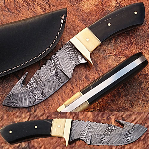WHITE DEER Damascus Steel Hunting Knife Camel Bone & Buffalo Horn Handle
