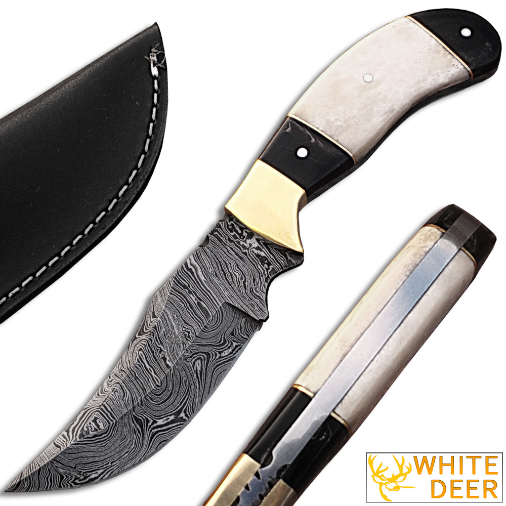 WHITE DEER Clip Point Damascus Steel Hunting Knife Buffalo Horn Handle