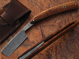 White Deer Custom Made Damascus Steel Straight Razor w/ Wood Handle & Sheath