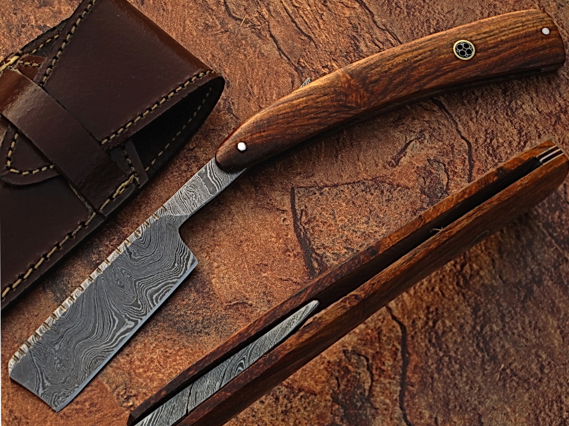 White Deer Custom Made Damascus Steel Straight Razor w/ Wood Handle & Sheath