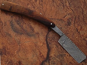 White Deer Custom Made Damascus Steel Straight Razor w/ Wood Handle & Sheath