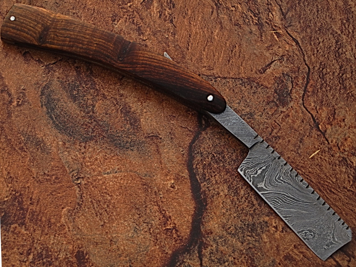 White Deer Custom Made Damascus Steel Straight Razor w/ Wood Handle & Sheath