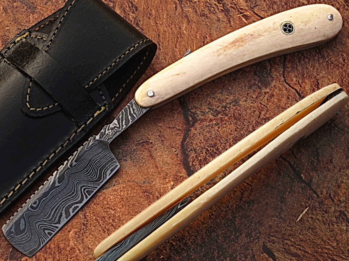 Custom Made Damascus Steel Straight Razor w/ Camel Bone Handle w