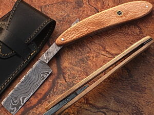 White Deer Damascus Steel Straight Razor w/ Olive Wood Handle