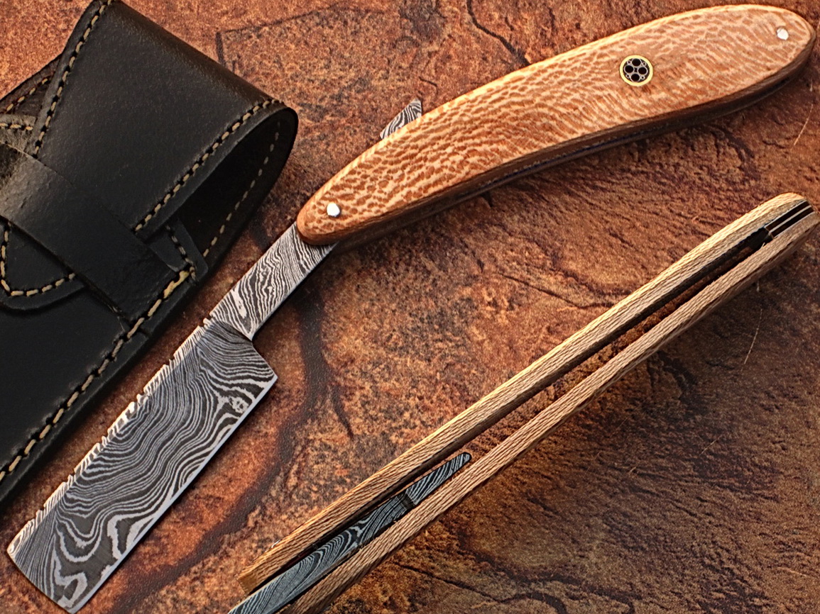 White Deer Damascus Steel Straight Razor w/ Olive Wood Handle