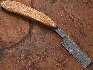 White Deer Damascus Steel Straight Razor w/ Olive Wood Handle
