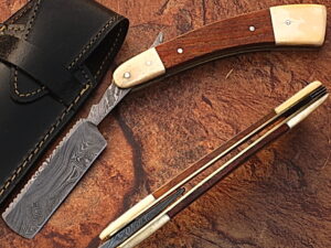 White Deer Damascus Steel Straight Razor w/ Camel Bone & Wood Handle