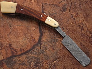 White Deer Damascus Steel Straight Razor w/ Camel Bone & Wood Handle