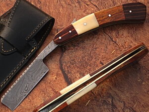 White Deer Damascus Steel Straight Razor W/ Bone & Wood Handle