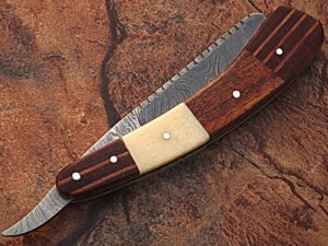 White Deer Damascus Steel Straight Razor W/ Bone & Wood Handle