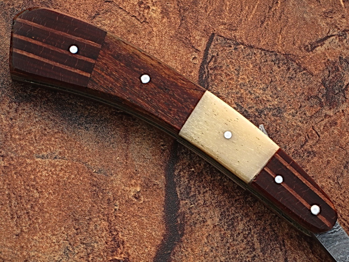 White Deer Damascus Steel Straight Razor W/ Bone & Wood Handle