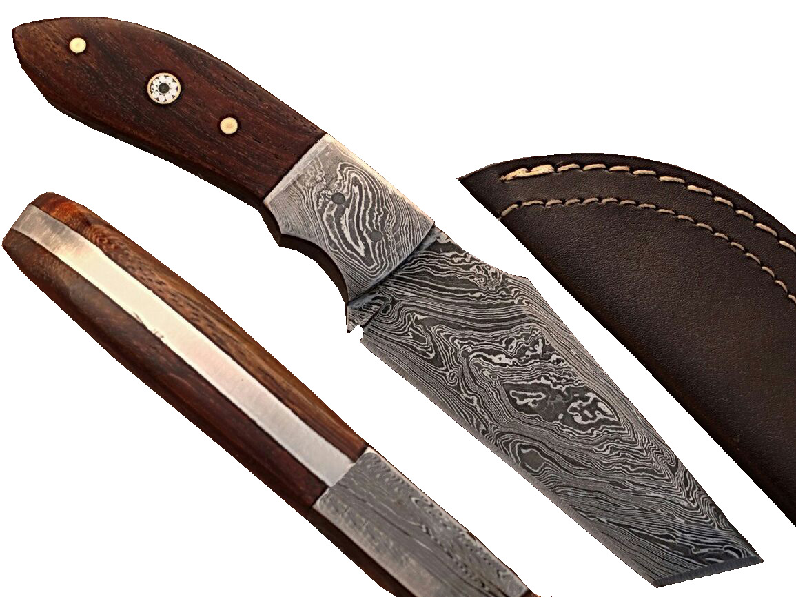 White Deer Damascus Steel Tanto Knife w/ Hardwood Handle