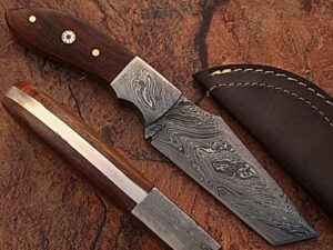 White Deer Damascus Steel Tanto Knife w/ Hardwood Handle