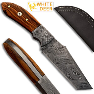 White Deer  Custom Made Damascus Steel Skinner Knife w/ Olive Wood Handle