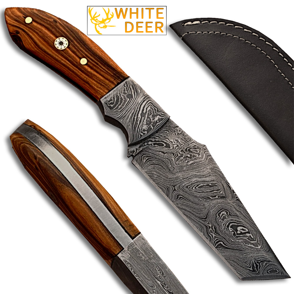 White Deer  Custom Made Damascus Steel Skinner Knife w/ Olive Wood Handle