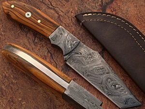 White Deer  Custom Made Damascus Steel Skinner Knife w/ Olive Wood Handle