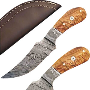 Custom Made Damascus Steel Skinner Knife w/ Olive Wood Handle 1