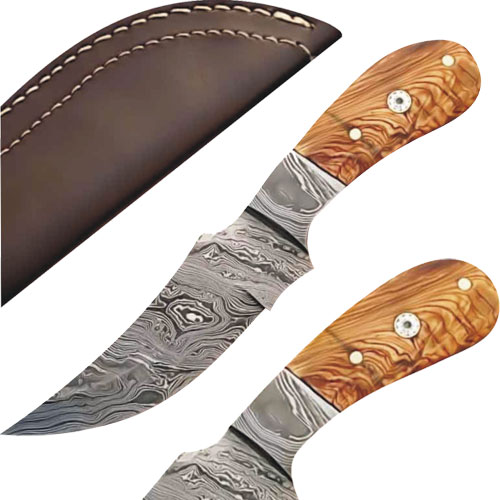 Custom Made Damascus Steel Skinner Knife w/ Olive Wood Handle 1