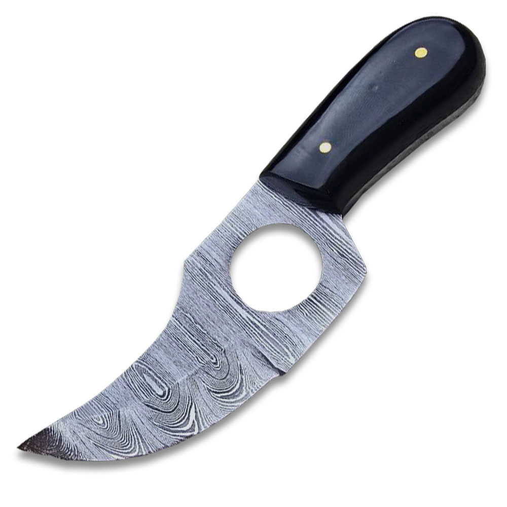 Handmade Damascus Steel Skinner Knife w/Finger Hole  Black Handle
