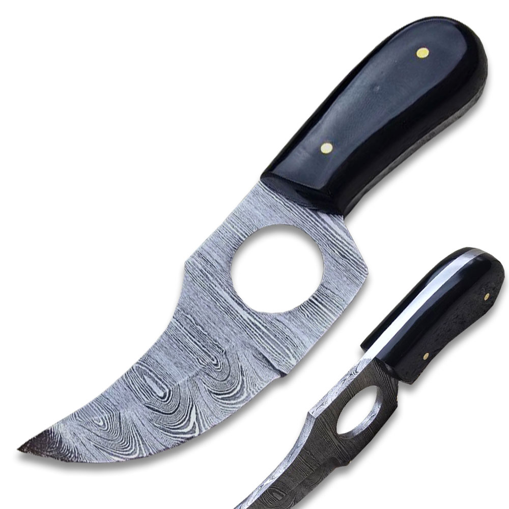 Handmade Damascus Steel Skinner Knife w/Finger Hole  Black Handle