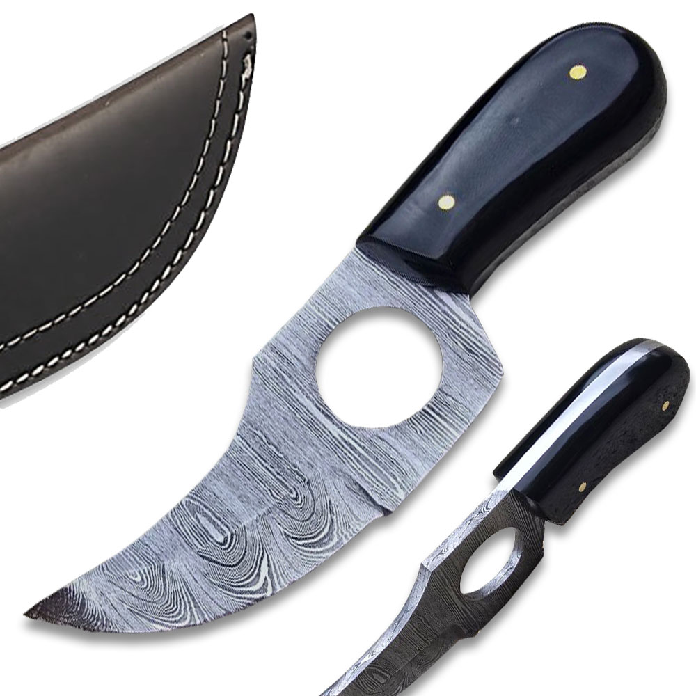Handmade Damascus Steel Skinner Knife w/Finger Hole  Black Handle