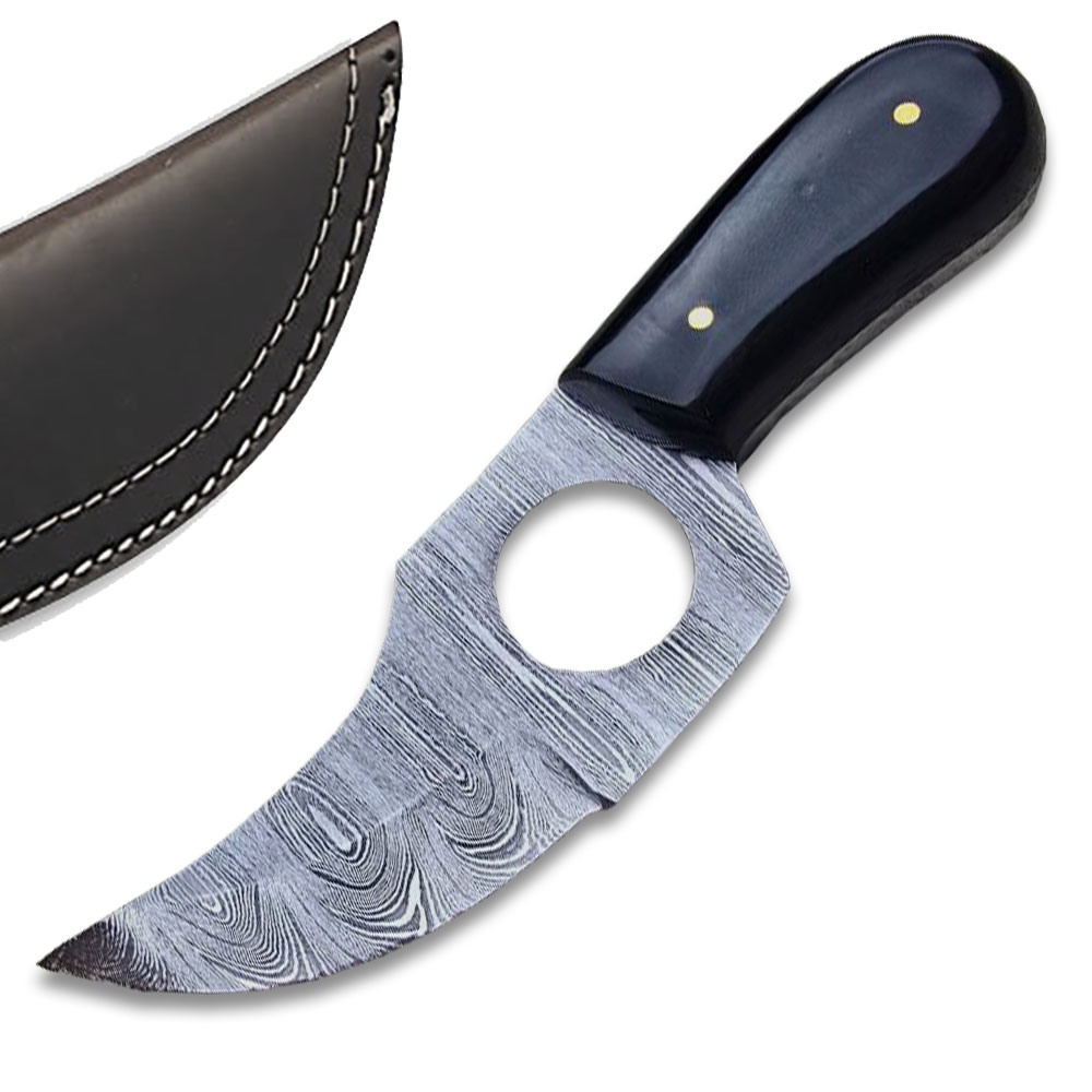 Handmade Damascus Steel Skinner Knife w/Finger Hole  Black Handle
