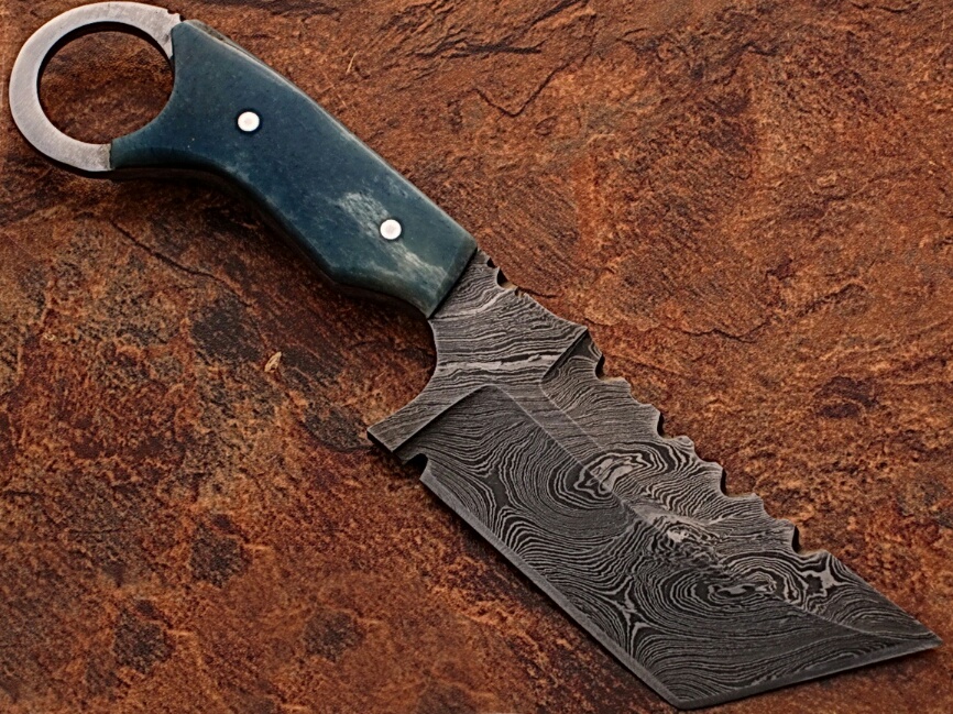 White Deer Damascus Tanto Tracker Camel Bone Handle in Blue Color 1095 HC Steel