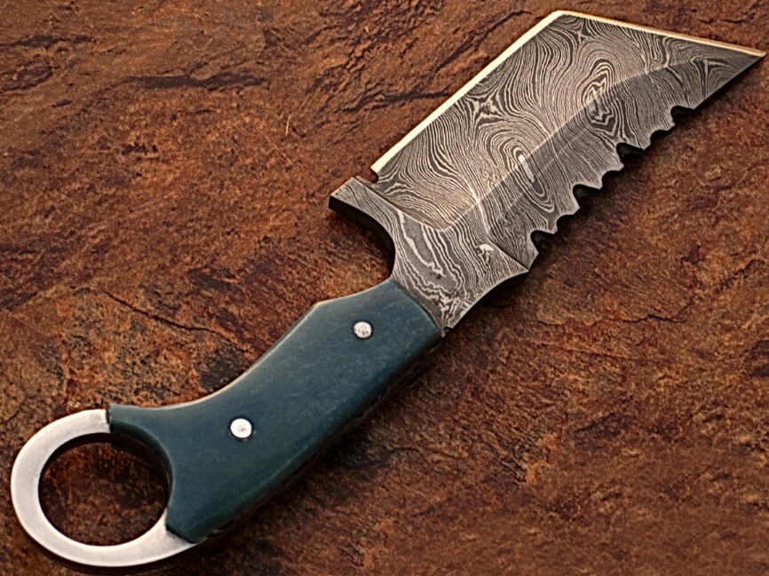 White Deer Damascus Tanto Tracker Camel Bone Handle in Blue Color 1095 HC Steel