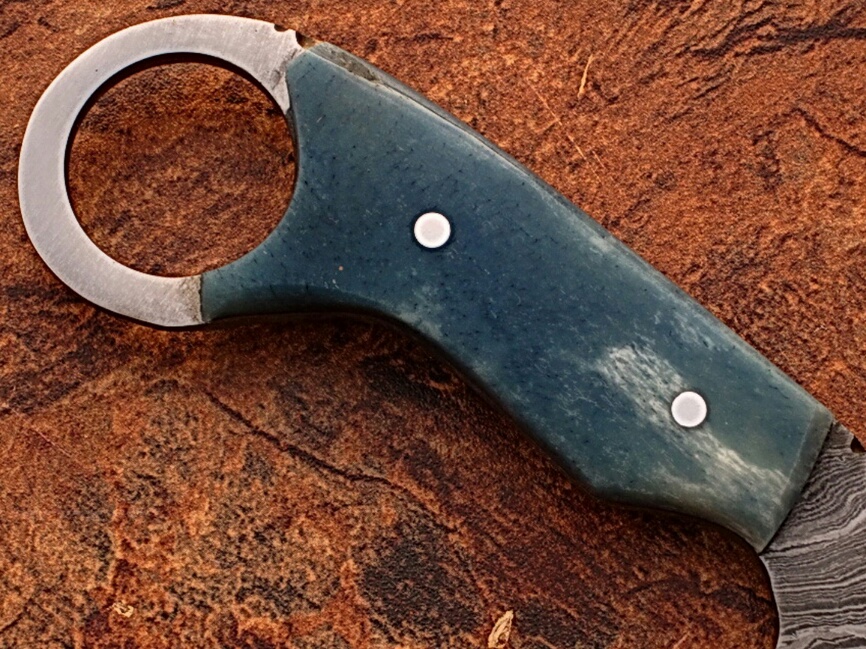 White Deer Damascus Tanto Tracker Camel Bone Handle in Blue Color 1095 HC Steel