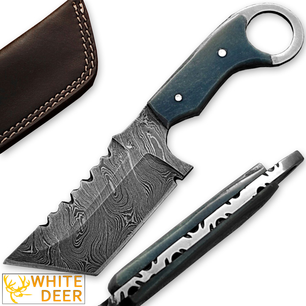 White Deer Damascus Tanto Tracker Camel Bone Handle in Blue Color 1095 HC Steel