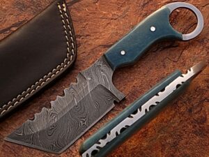White Deer Damascus Tanto Tracker Camel Bone Handle in Blue Color 1095 HC Steel