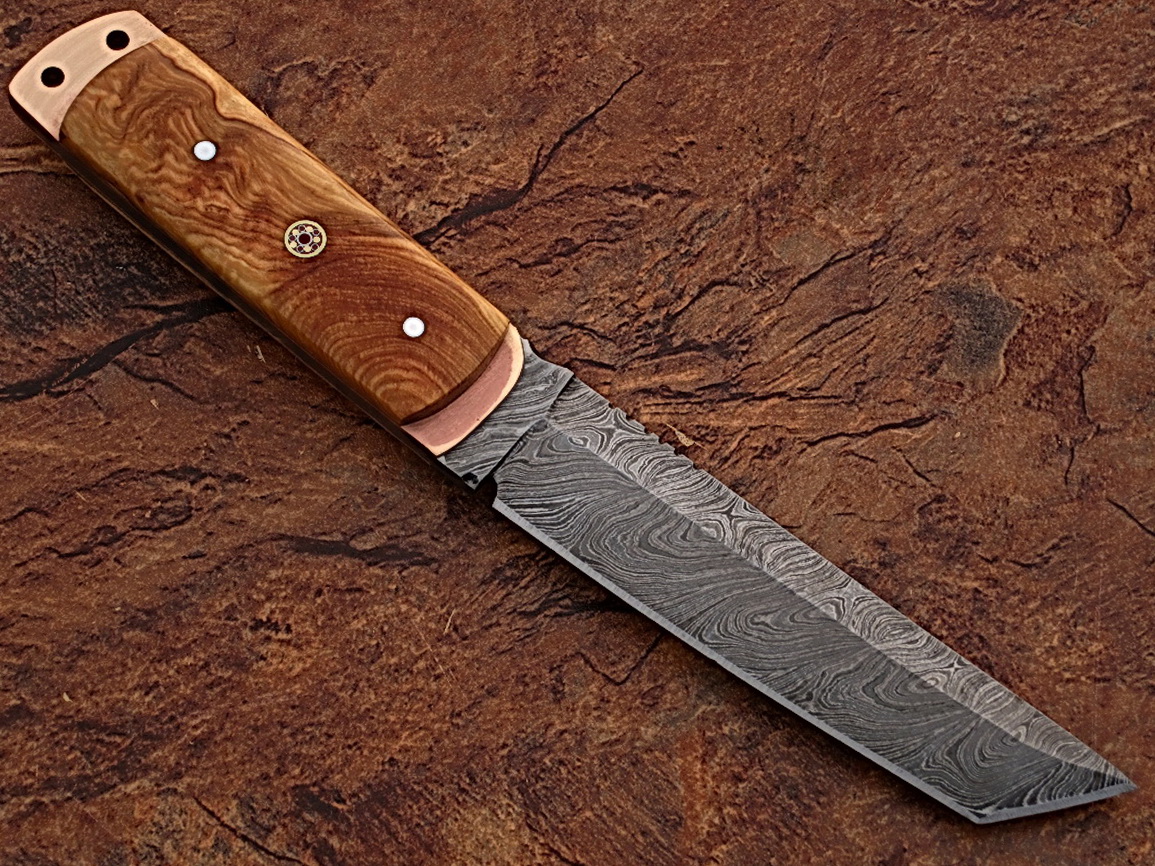 White Deer Damascus Steel Tanto Point Hunting Knife Burl Olive Wood Handle