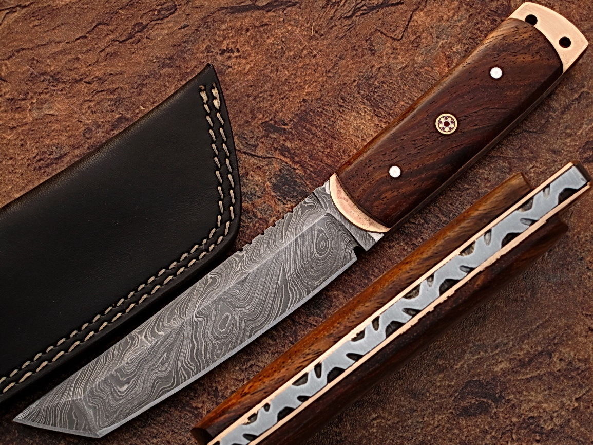 WHITE DEER Damascus Steel TANTO Point Hunting Knife Cocobolo Wood Handle 1095HC