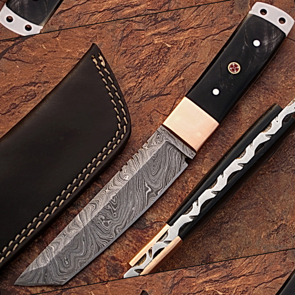 White Deer Damascus Steel Tanto Point Hunting Knife Buffalo Horn Handle