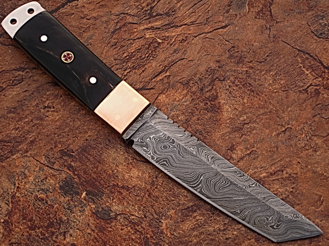 White Deer Damascus Steel Tanto Point Hunting Knife Buffalo Horn Handle