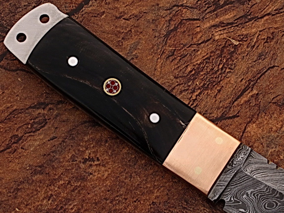 White Deer Damascus Steel Tanto Point Hunting Knife Buffalo Horn Handle