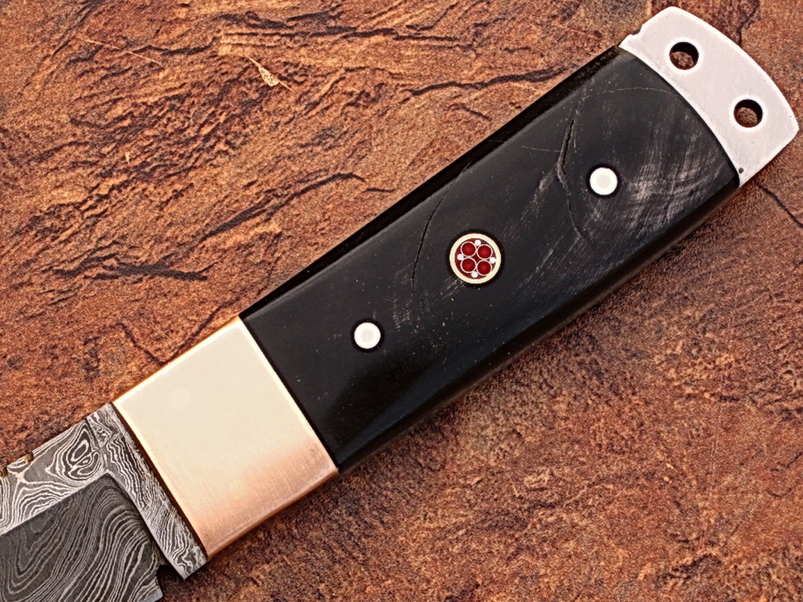 White Deer Damascus Steel Tanto Point Hunting Knife Buffalo Horn Handle