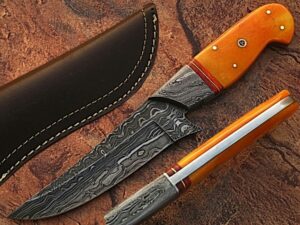 White Deer Damascus Steel  Hunting Knife Orange Color Camel Bone