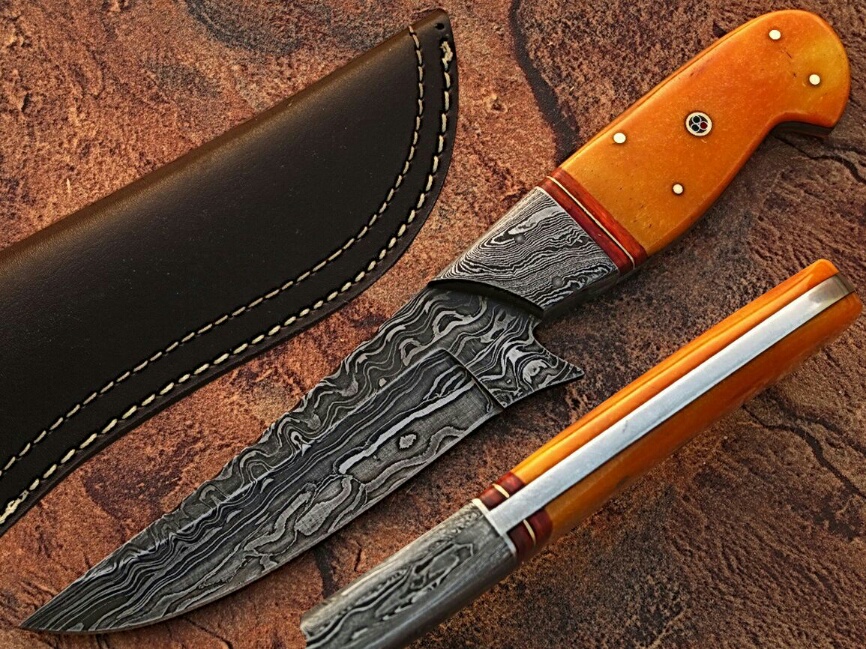 White Deer Damascus Steel  Hunting Knife Orange Color Camel Bone
