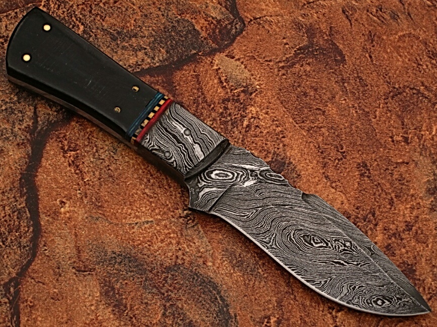 White Deer Damascus Steel Custom Handmade Skinner  Knife Buffalo Handle
