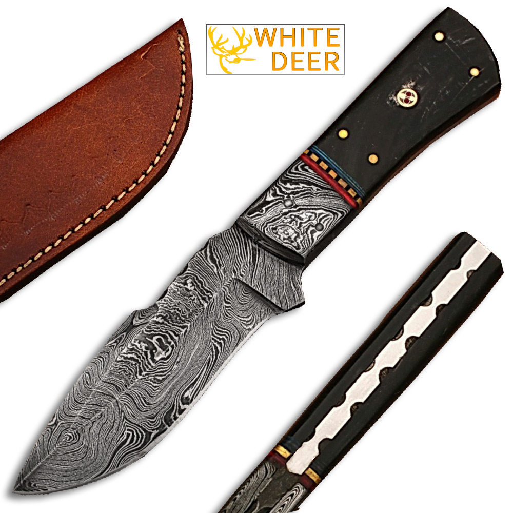 White Deer Damascus Steel Custom Handmade Skinner  Knife Buffalo Handle