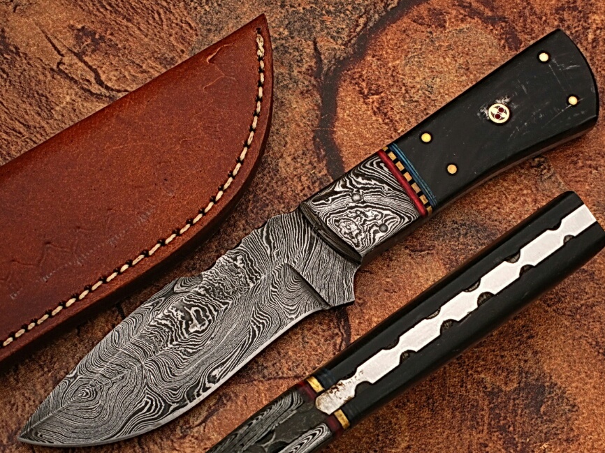 White Deer Damascus Steel Custom Handmade Skinner  Knife Buffalo Handle