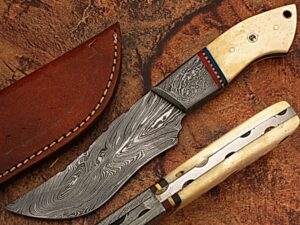 White Deer Damascus Steel Custom Knife Camel Bone Handle