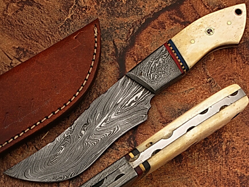 White Deer Damascus Steel Custom Knife Camel Bone Handle
