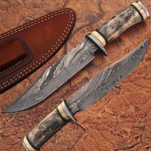 Custom Made Damascus Steel Bowie Knife w/ Giraffe & Camel Bone