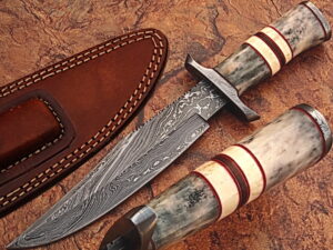 WHITE DEER Damascus Steel Hunting Knife w/ Giraffe & Camel Bone