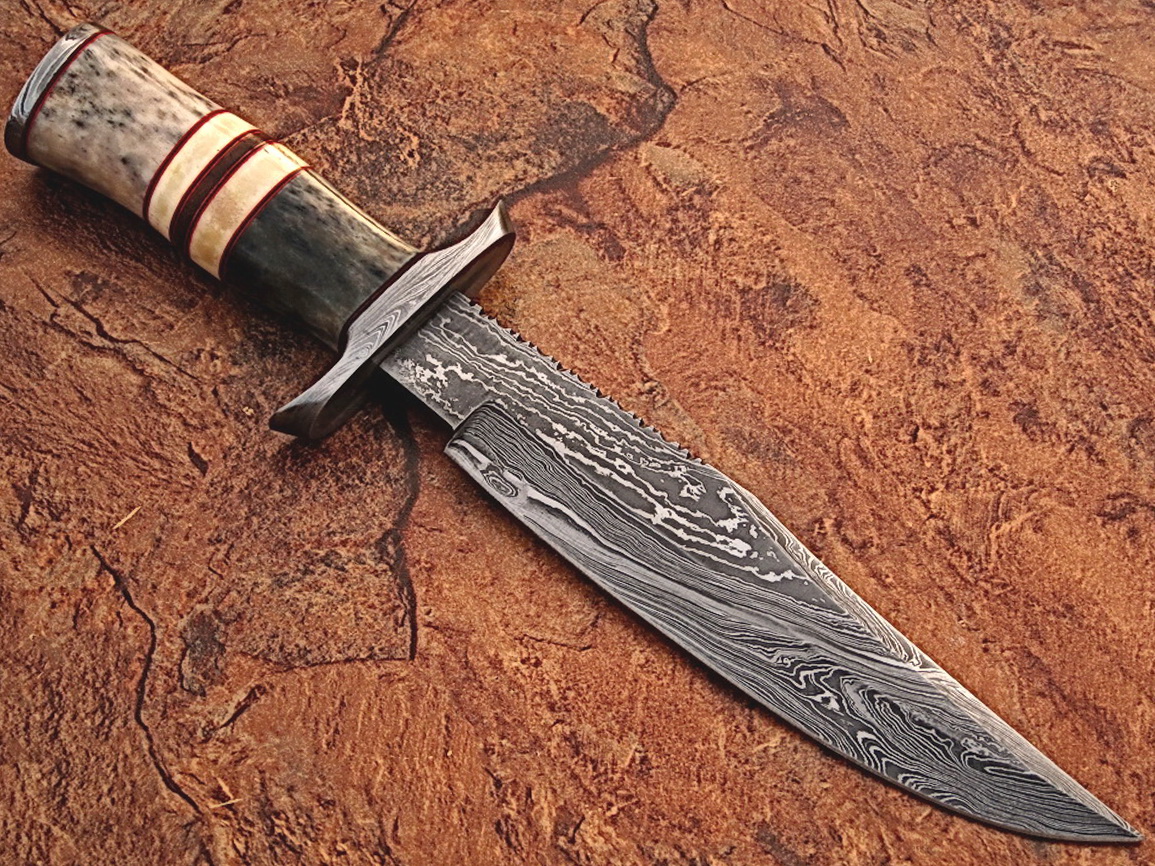 WHITE DEER Damascus Steel Hunting Knife w/ Giraffe & Camel Bone
